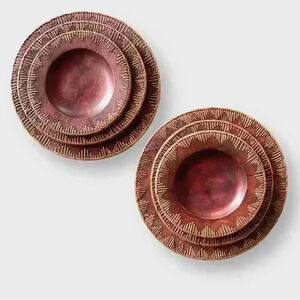 Set of 6 Indonesian wooden dishes with rattan sunburst detail